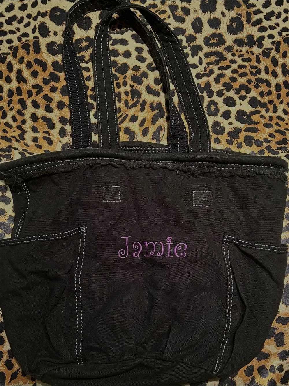 Thirty-One Black Distressed Tote Bag with “Jamie” Embroidered in Purple - Picture 1 of 7